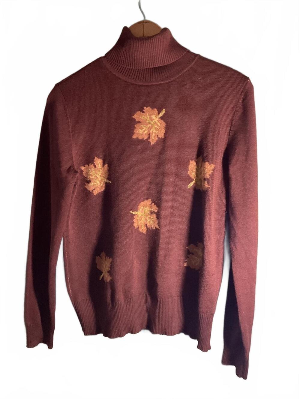 Retrology Women's Brown Turtleneck Sweater with Autumn Leaf Pattern Size S
